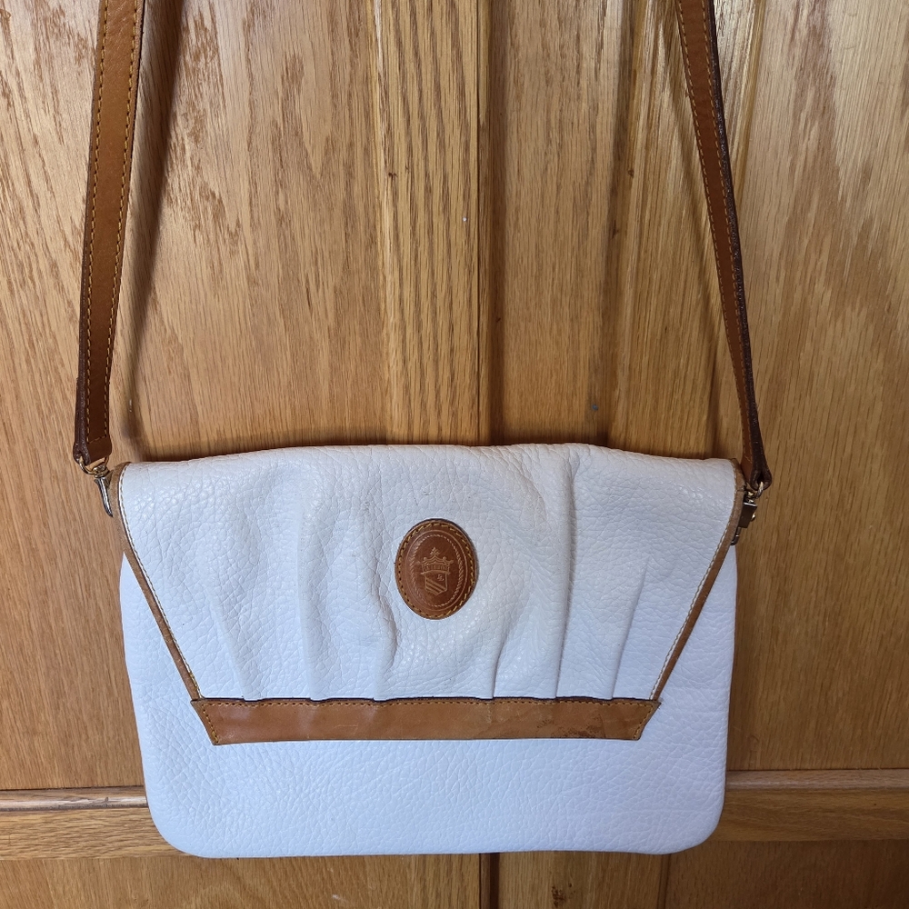 Vintage Leather Crossbody Bag White Brown La Laurent Preppy Couture 80s